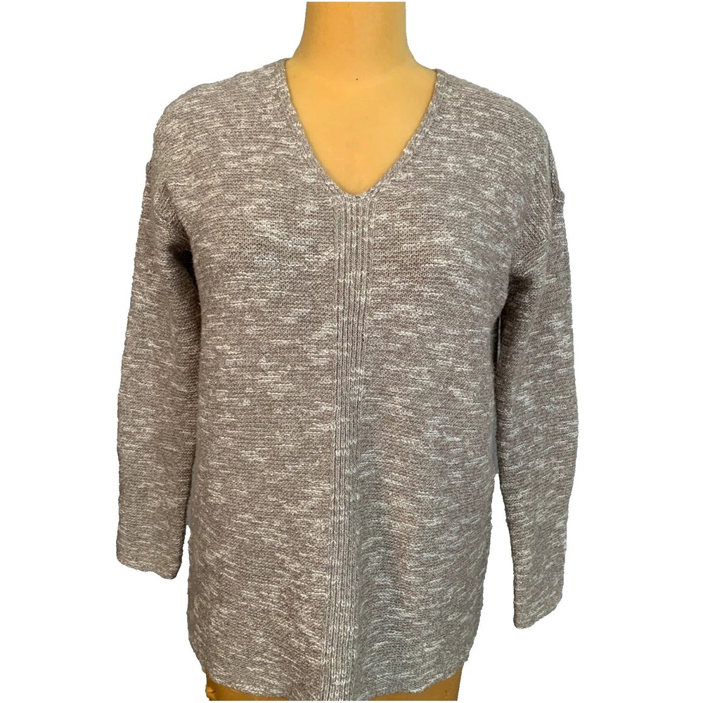 J Jill Pure Jill Marled V-Neck Tunic Sweater Tan White Small EUC